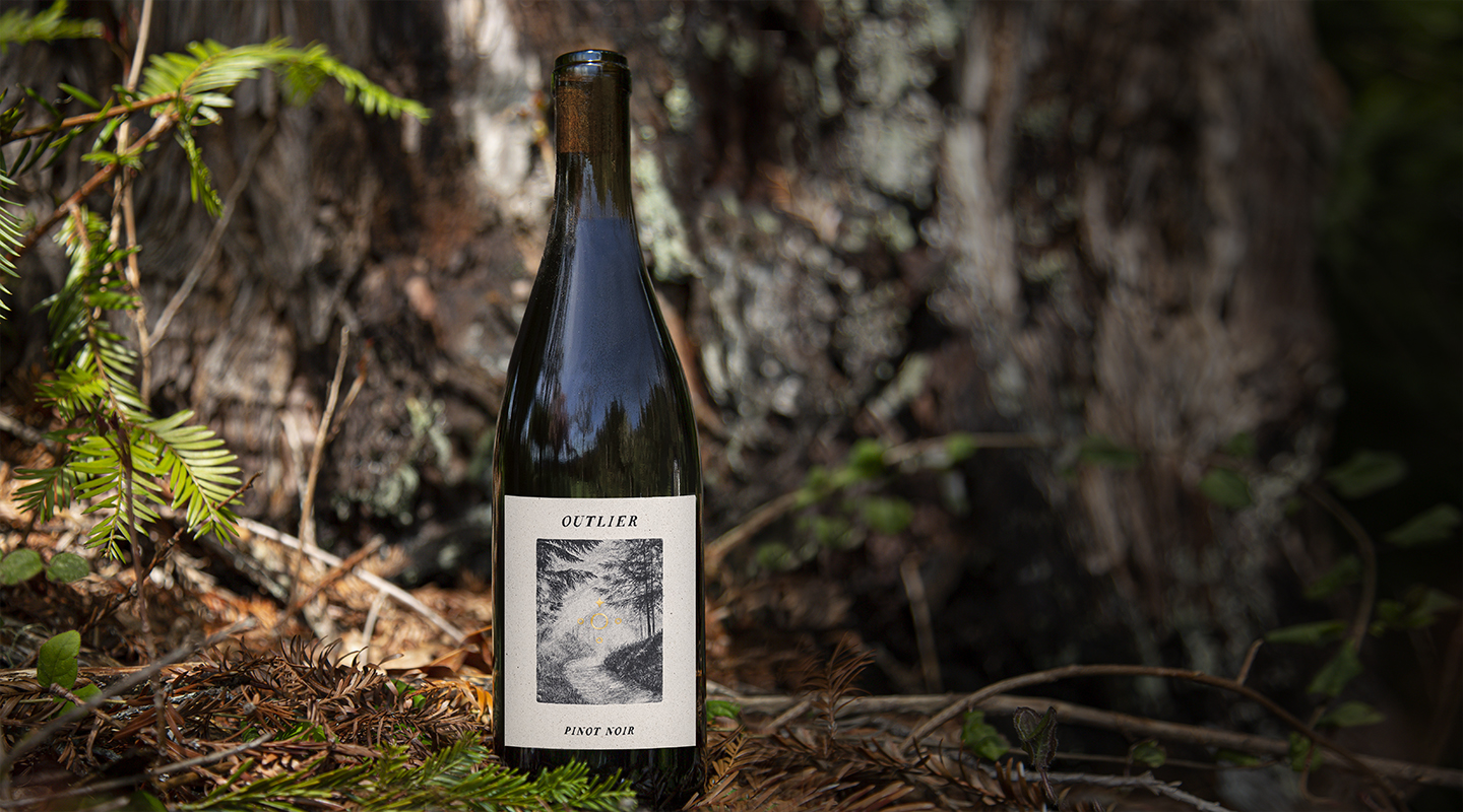 Outlier Pinot Noir bottle on pine boughs in forest